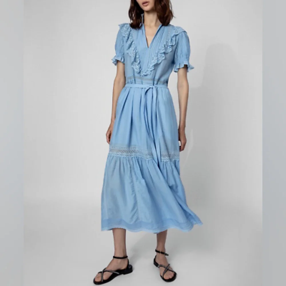 Zadig & Voltaire Women Ruffle A-line Dress Tie Front Short Sleeve Midi Dress - Picture 1 of 4
